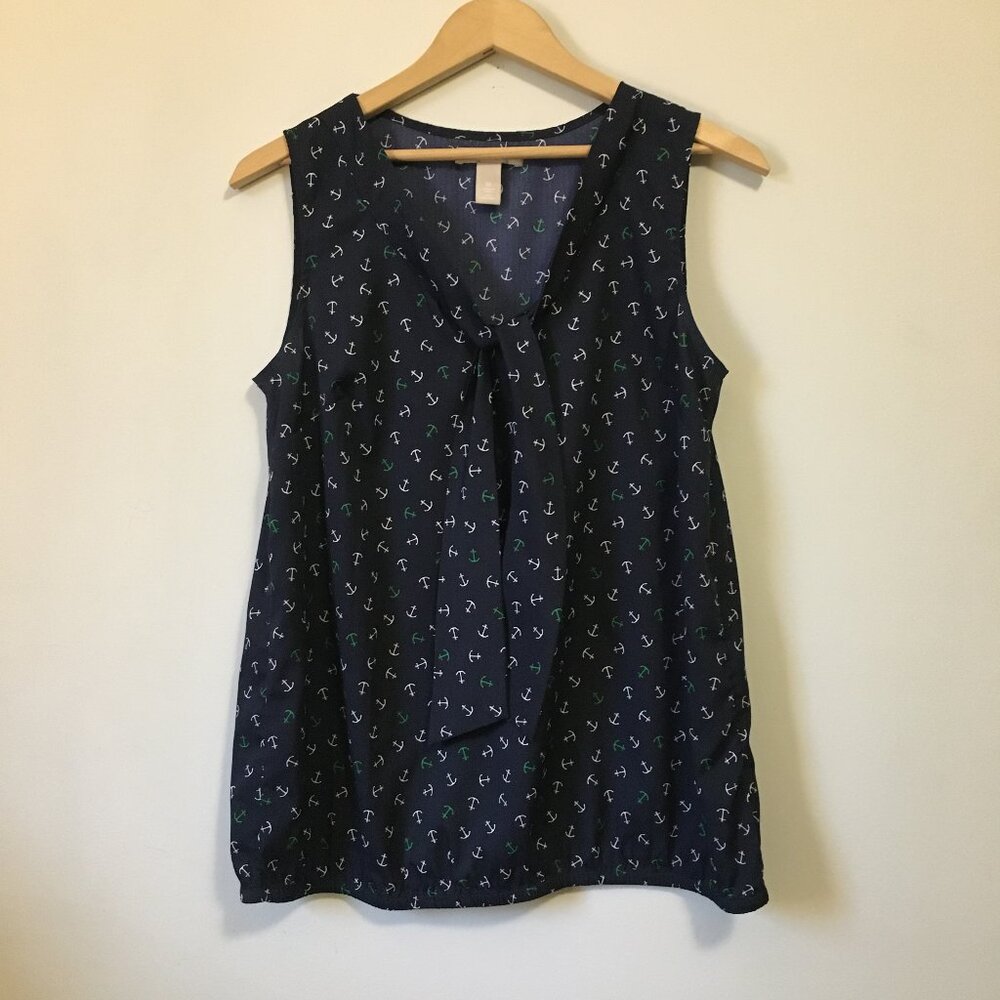 Banana Republic Secretary Bow Anchor Print Sleeveless Blouse Blue